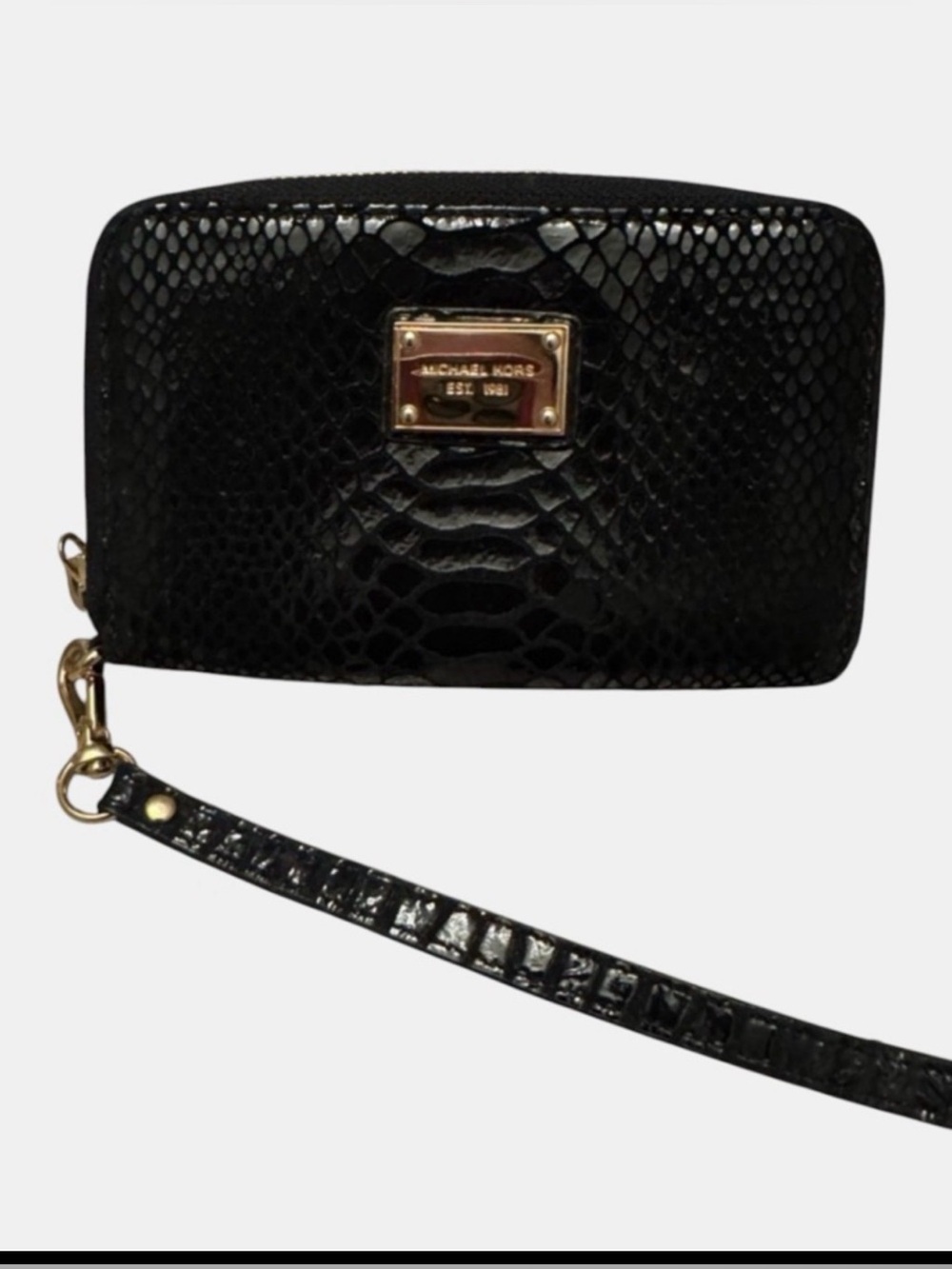 Michael Kors Black Patent Snakeskin Embossed Wristlet Wallet Zip Gold Tone